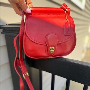 Coach Cherry Red Leather Post Pouch Crossbody Bag.